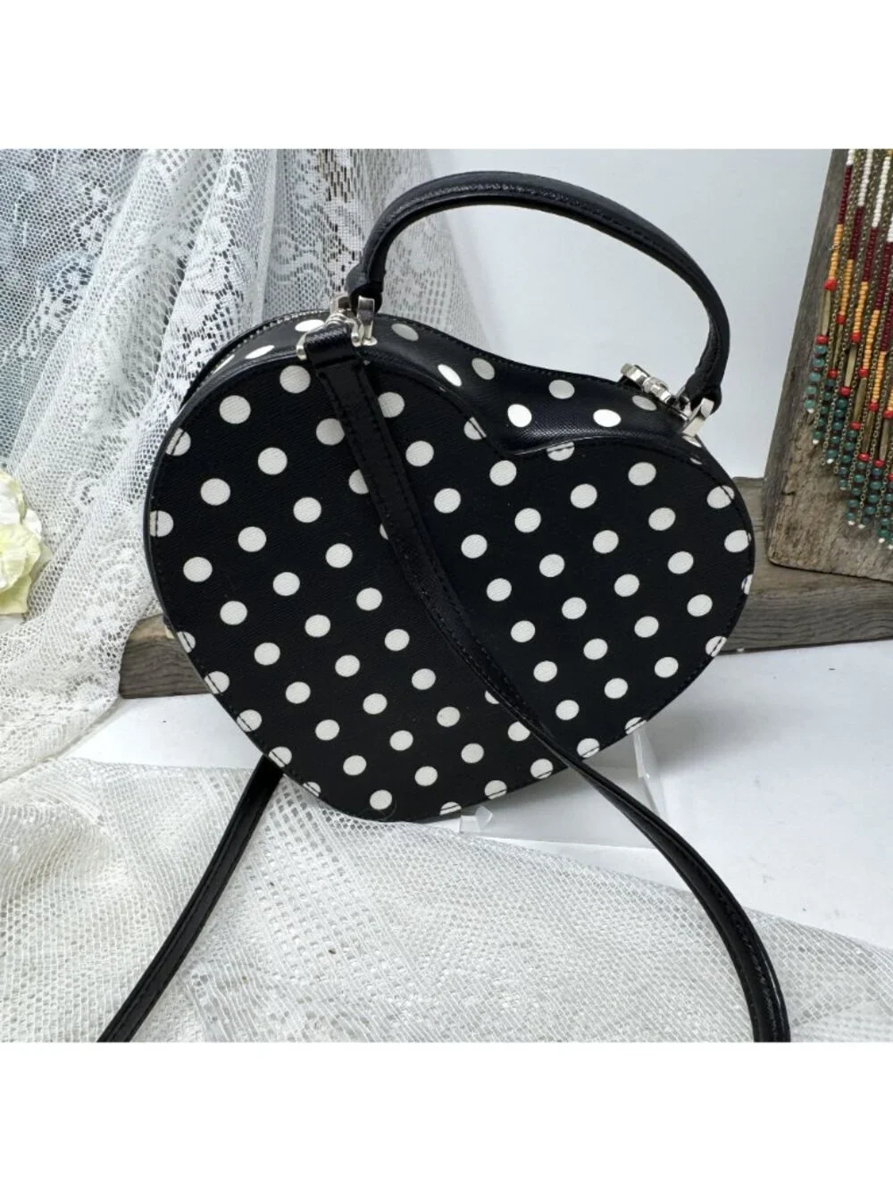 Kate Spade Black & White Polka Dot Heart-Shaped Crossbody Bag With Gold Hardware